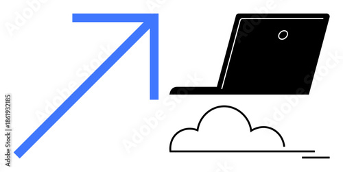 Cloud computing, digital storage, technology growth, data management, internet services, tech innovation. A laptop with a cloud and an upward arrow. Cloud computing and digital storage concepts
