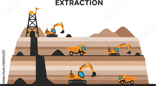 Illustration depicting layered earth strata and various mining machinery for extraction