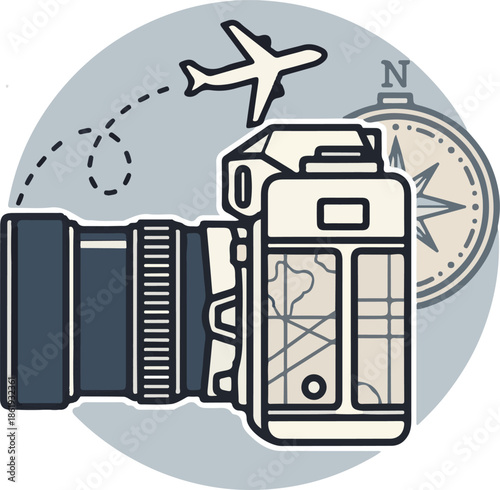 A circular vector icon featuring a vintage camera, a compass, and a flying airplane with a dotted flight path, representing travel photography and global exploration.