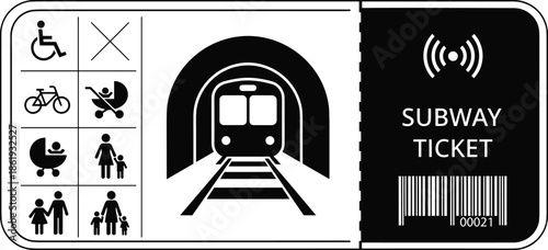 Subway Ticket Vector Illustration Featuring Train Tunnel Icon, Accessibility Symbols, Barcode, and Contactless Payment Sign for Public Transport Travel Concept
