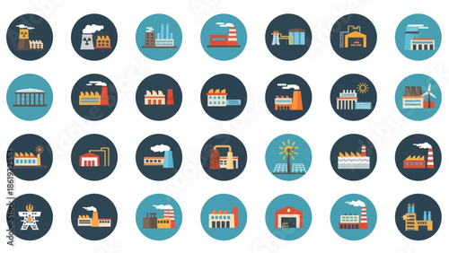 Collection of Industrial Building Icons in Circles.