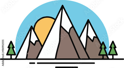 A scenic mountain landscape vector with brown snow-capped peaks, a rising sun, evergreen trees, and a clear blue sky, ideal for nature and travel branding.