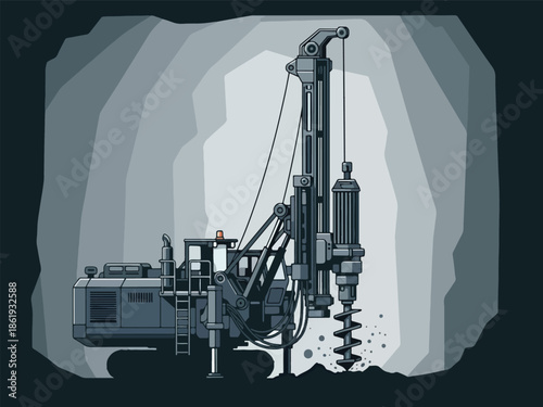 Illustration of a large drilling rig operating inside a dark grey mine or quarry