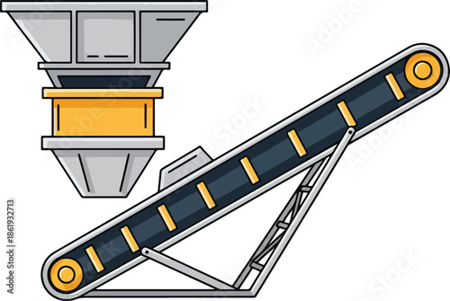 Illustration of a material hopper feeding an inclined conveyor belt system