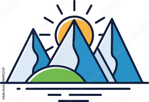 A scenic vector illustration of three blue mountain peaks with a sun rising behind them, a green hill in the foreground, and calm water below, all in a clean, modern line art style.