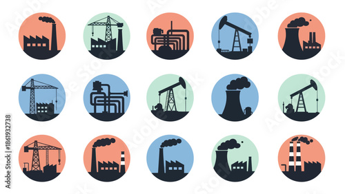 Industrial Icons Representing Various Factory Types.