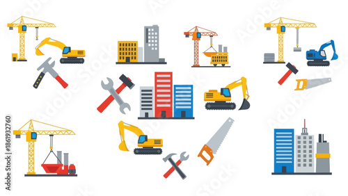 Construction Equipment and Tools Illustration Set.