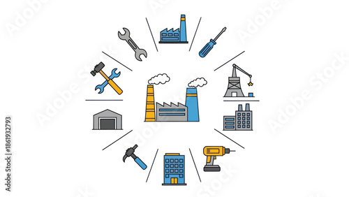 Industrial Icons and Tools Arrangement Circle.
