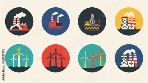 Energy Industry Icons Representing Various Power Sources.