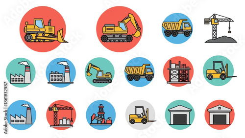 Construction Equipment Icons Set Vector Graphics.