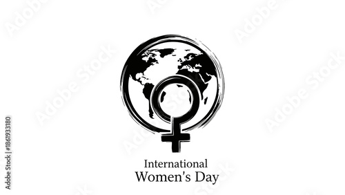 Black and white globe with female gender symbol for International Women's Day