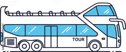 A modern double-decker tour bus vector with blue windows and an open-top upper deck. This clean line art icon represents travel, city sightseeing, and public transportation services.
