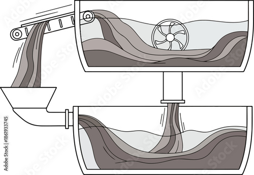 Industrial diagram showing material transfer between two tanks one with a mixing paddle
