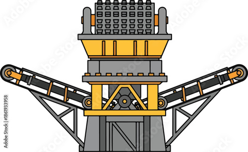 Industrial rock crushing machine with conveyors illustrated against a white background