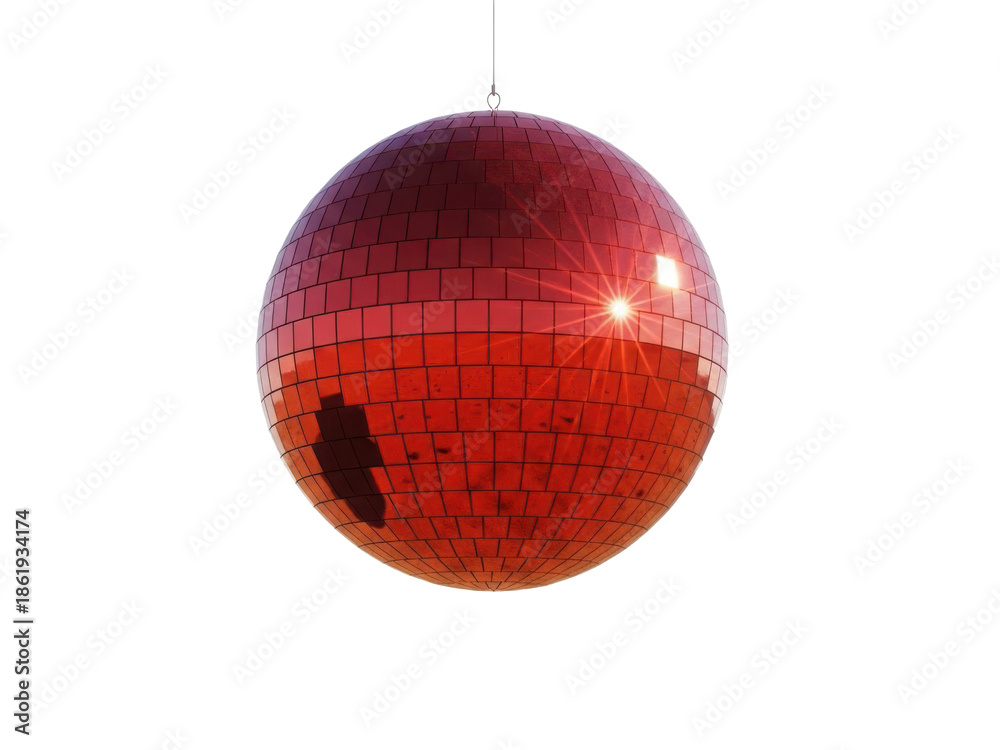 Fototapeta premium Vibrant red disco ball hanging from a string, reflecting light and adding a touch of glamour to any setting isolated on transparent background