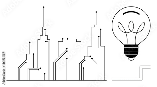 Smart cities, energy efficiency, urban innovation, sustainability, future technology, creative solutions. Stylized city with circuit designs and a light bulb. Smart cities and energy efficiency