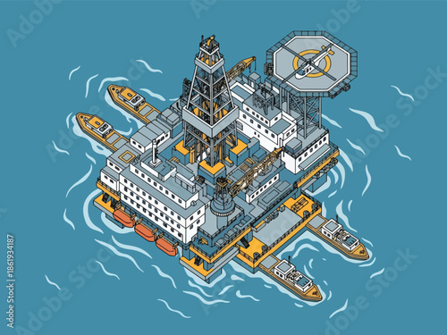 Isometric illustration of an offshore oil drilling platform with support vessels and helicopter