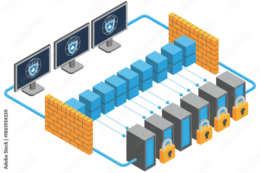 Fototapeta premium Secure network infrastructure with firewalls and locked servers protecting digital data