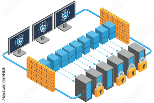 Secure network infrastructure with firewalls and locked servers protecting digital data