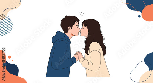 Romantic young couple holding hands and kissing tenderly against a simple white background with colorful abstract elements.