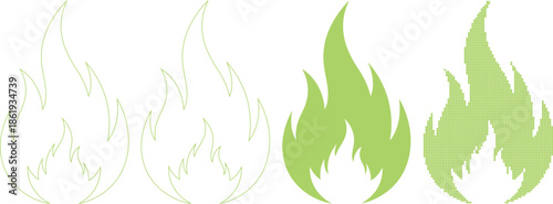 A set of four different green flame icons in various styles and textures on white background