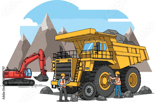Mining site with huge dump truck excavator and maintenance workers