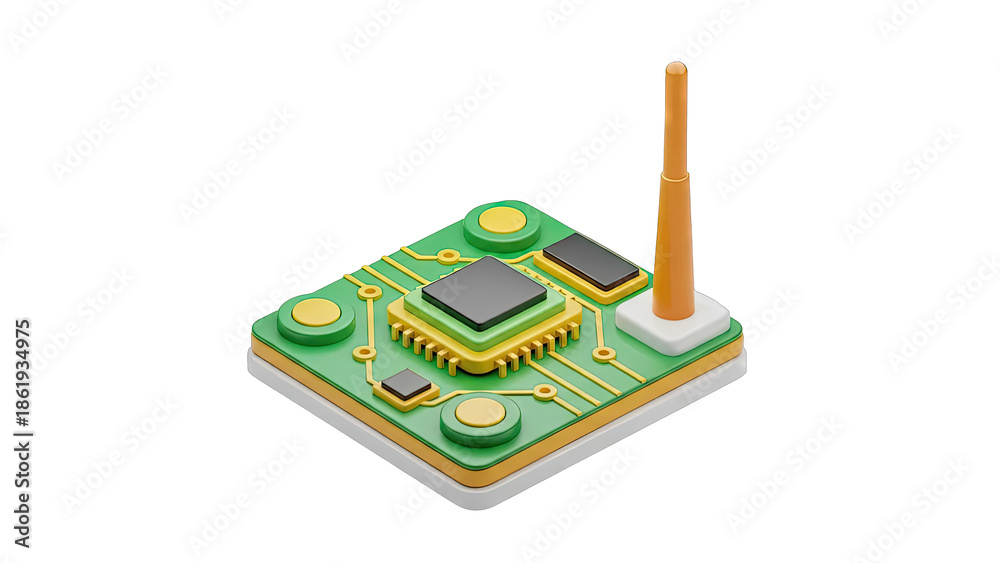 Obraz premium 3D Render of a Stylized Microchip and Circuit Board