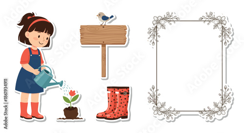 Sweet young girl watering a red flower in a pot surrounded by a garden sign rubber boots and a floral frame for decoration.