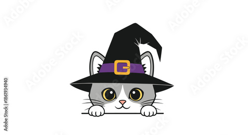 Cute grey and white cat wearing a large black witch hat with a purple band and golden buckle for Halloween fun.