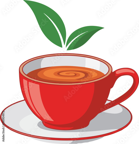 A vibrant red teacup on a white saucer, filled with steaming amber tea. Two fresh green leaves float gracefully above, symbolizing natural ingredients and a healthy, herbal beverage experience.