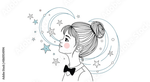 Artistic line drawing of a young woman with stars and crescent moons swirling around her head, symbolizing dreams and creative imagination.
