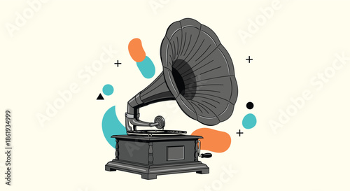 Vintage gramophone illustration with colorful abstract shapes, featuring a classic record player design for nostalgic music enthusiasts.
