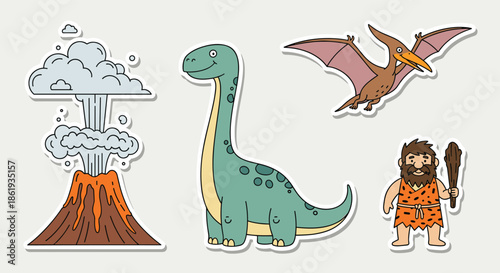 Colorful sticker collection features erupting volcano long neck dinosaur flying pterodactyl and prehistoric caveman character.