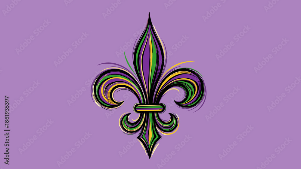 Fototapeta premium Fleur-de-lis symbol with vibrant colors on a purple background for Mardi Gras celebration