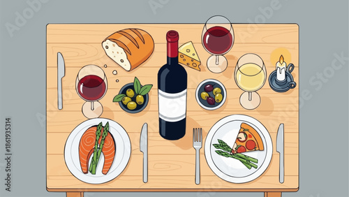 A romantic dinner setting with wine cheese and bread.