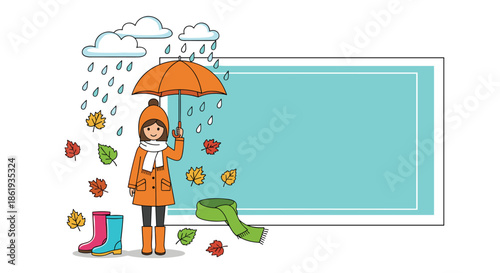 Little girl with orange umbrella stands in autumn rain with falling leaves and blank board for custom text message space.