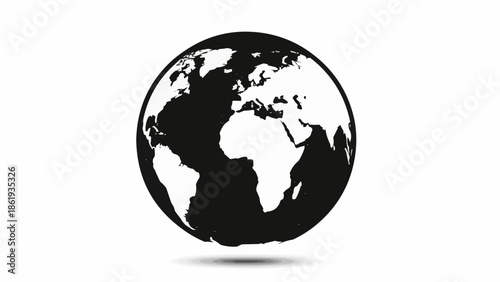 Black and white globe showing continents and oceans.