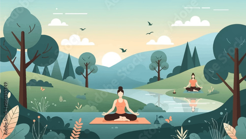 Two women meditating peacefully by a tranquil lake in a serene natural landscape with rolling hills and trees under a soft sky.