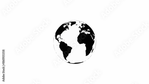 Black and white globe showing continents and oceans.