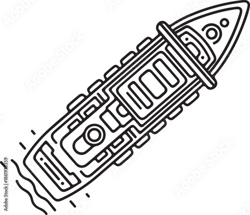 A black and white line art vector showing a top-down aerial view of a large ship or cruise liner sailing through water. The minimalist design highlights the deck structures and surrounding waves.