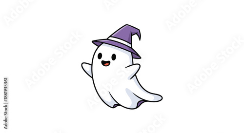 Adorable white ghost character wearing purple witch hat floats happily against plain background for halloween season decor.