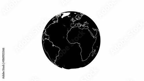 Black and white silhouette of planet Earth globe.