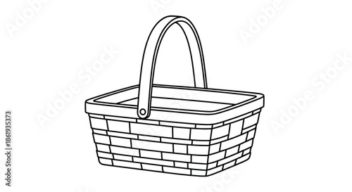 Minimalist line art illustration of traditional wicker basket with handle used for picnic shopping or storage purposes.