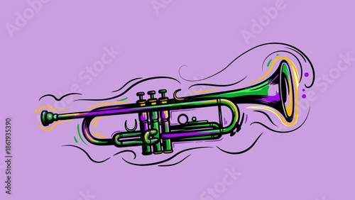 Colorful trumpet illustration on a purple background for Mardi Gras celebration