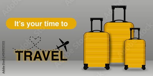Clean and modern travel banner with three carry-on suitcases, ideal for travel advertising, e-commerce promotions, and tourism website headers. Vector banner.