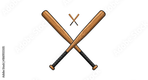 Set of crossed wooden baseball bats depicted in two different sizes against plain background for sports themed design.