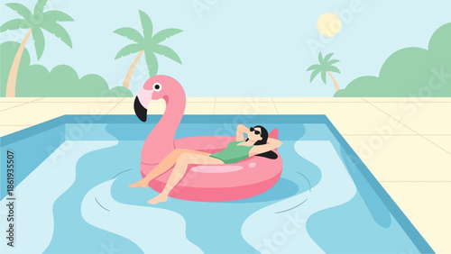 A woman relaxing on a pink flamingo float in a swimming pool with palm trees under the summer sun.