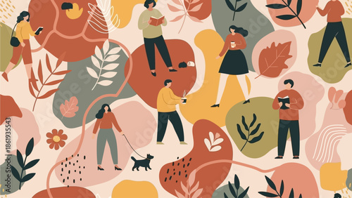 A seamless pattern featuring diverse stylized people in various poses surrounded by pastel-colored leaves on a white background.