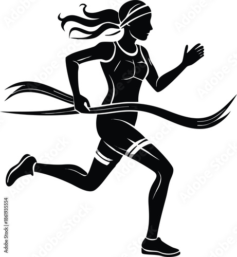 Silhouette Of A Woman Athlete Running A Marathon With A Finish Line Tape