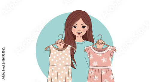 Young woman with long brown hair holds up two different patterned dresses on hangers while deciding what to wear today.